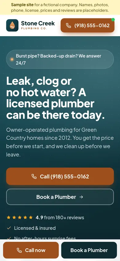 Stone Creek Plumbing Co. demo site on a phone, with the sticky call bar