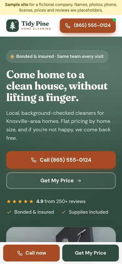 Tidy Pine Home Cleaning demo site on a phone, with the sticky call bar